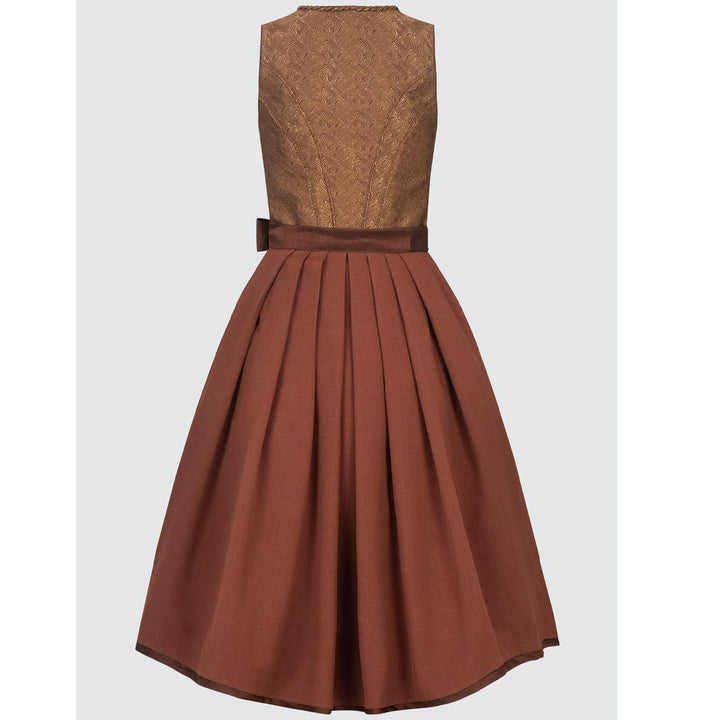 Damen Dirndl Rostbraun Bronze | Midi Trachtenkleid mit Ornamentmieder, Balkonett-Ausschnitt und 70 cm Rocklänge