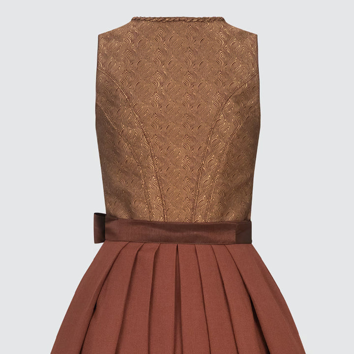 Damen Dirndl Rostbraun Bronze | Midi Trachtenkleid mit Ornamentmieder, Balkonett-Ausschnitt und 70 cm Rocklänge