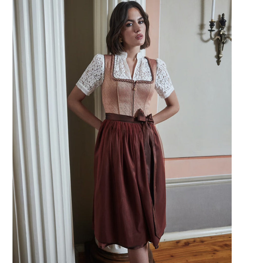 Damen Dirndl Rostbraun Bronze | Midi Trachtenkleid mit Ornamentmieder, Balkonett-Ausschnitt und 70 cm Rocklänge