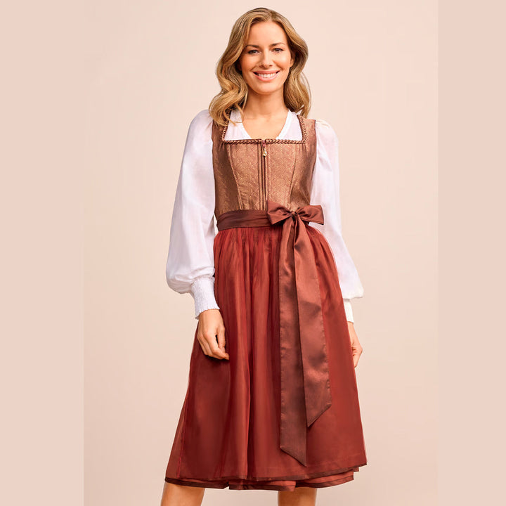 Damen Dirndl Rostbraun Bronze | Midi Trachtenkleid mit Ornamentmieder, Balkonett-Ausschnitt und 70 cm Rocklänge