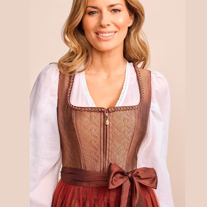 Damen Dirndl Rostbraun Bronze | Midi Trachtenkleid mit Ornamentmieder, Balkonett-Ausschnitt und 70 cm Rocklänge