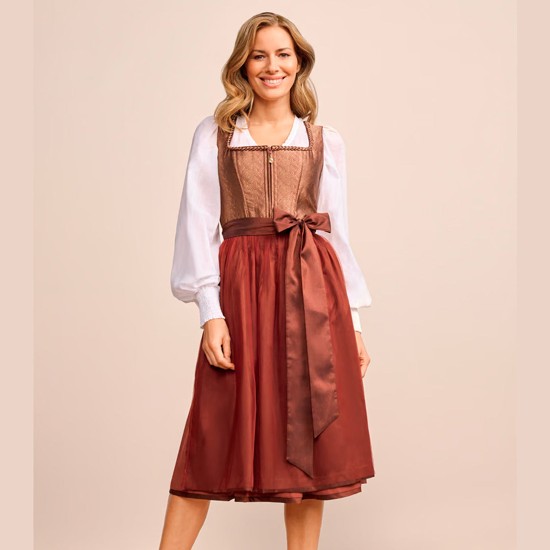 Damen Dirndl Rostbraun Bronze | Midi Trachtenkleid mit Ornamentmieder, Balkonett-Ausschnitt und 70 cm Rocklänge