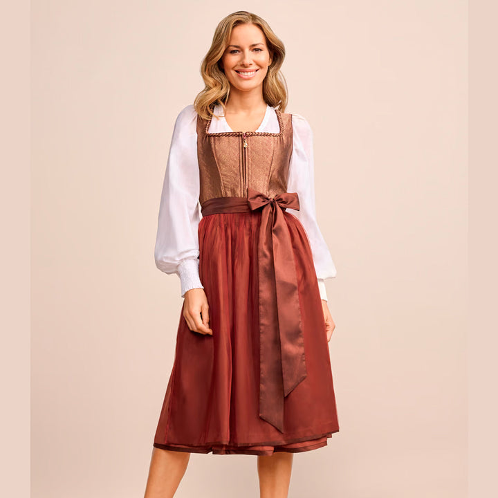 Damen Dirndl Rostbraun Bronze | Midi Trachtenkleid mit Ornamentmieder, Balkonett-Ausschnitt und 70 cm Rocklänge