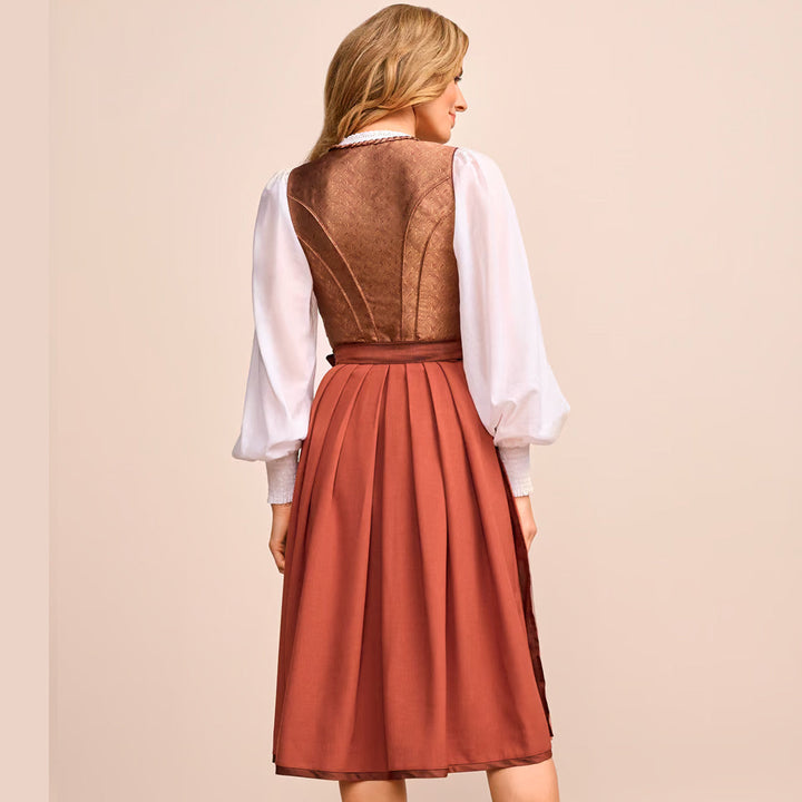 Damen Dirndl Rostbraun Bronze | Midi Trachtenkleid mit Ornamentmieder, Balkonett-Ausschnitt und 70 cm Rocklänge