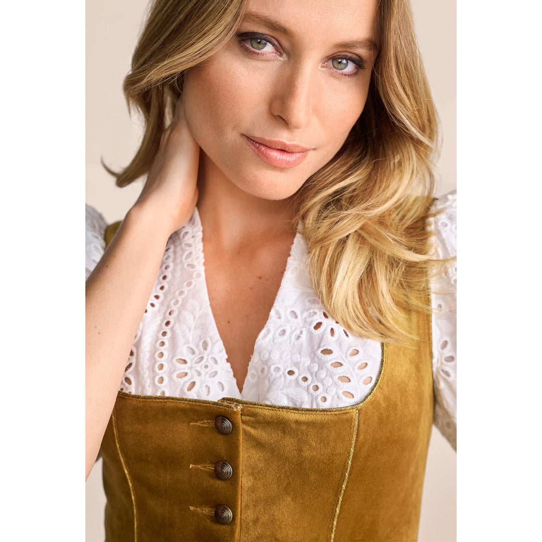 Damen Dirndl Gold | Midi Samtdirndl mit Balkonett-Ausschnitt, Blumenmuster und 70 cm Rocklänge
