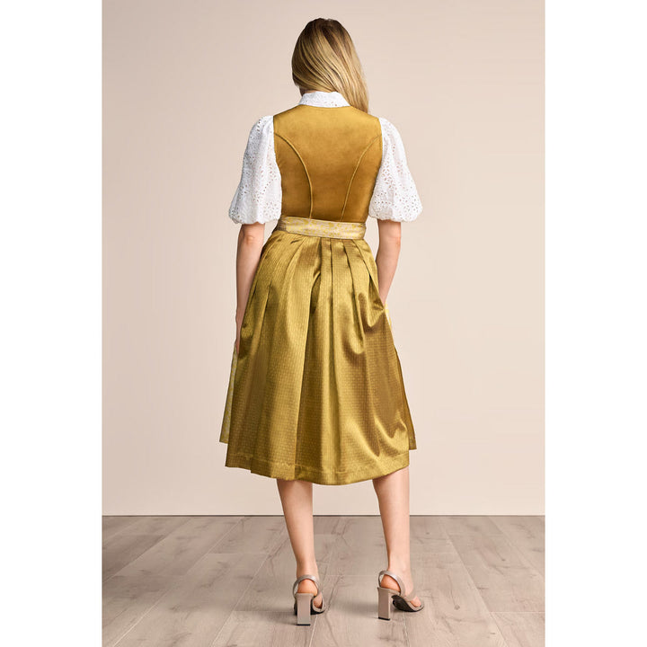 Damen Dirndl Gold | Midi Samtdirndl mit Balkonett-Ausschnitt, Blumenmuster und 70 cm Rocklänge