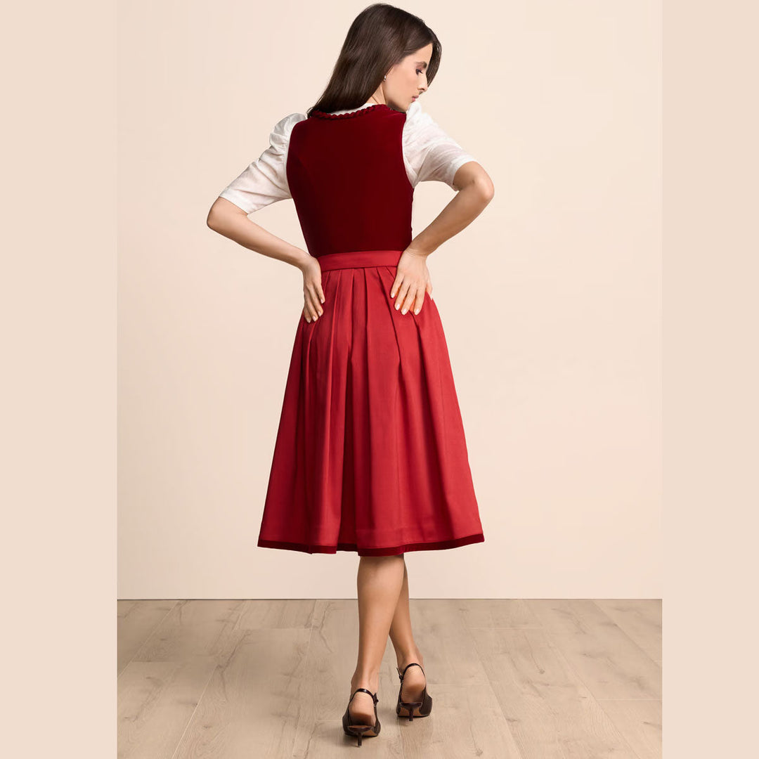 Damen Dirndl Rot | Midi Samtdirndl mit Froschgoscherl-Borte, Frontreißverschluss und 70 cm Rocklänge
