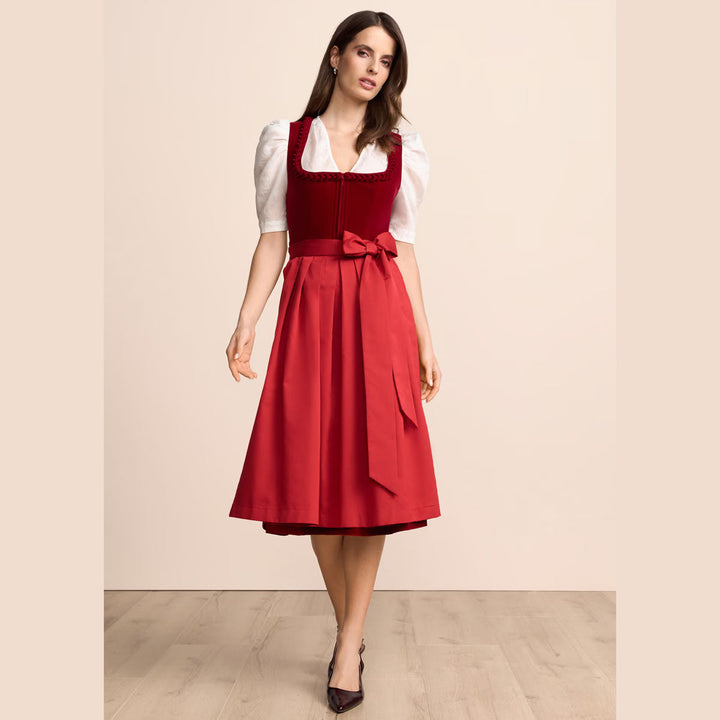 Damen Dirndl Rot | Midi Samtdirndl mit Froschgoscherl-Borte, Frontreißverschluss und 70 cm Rocklänge