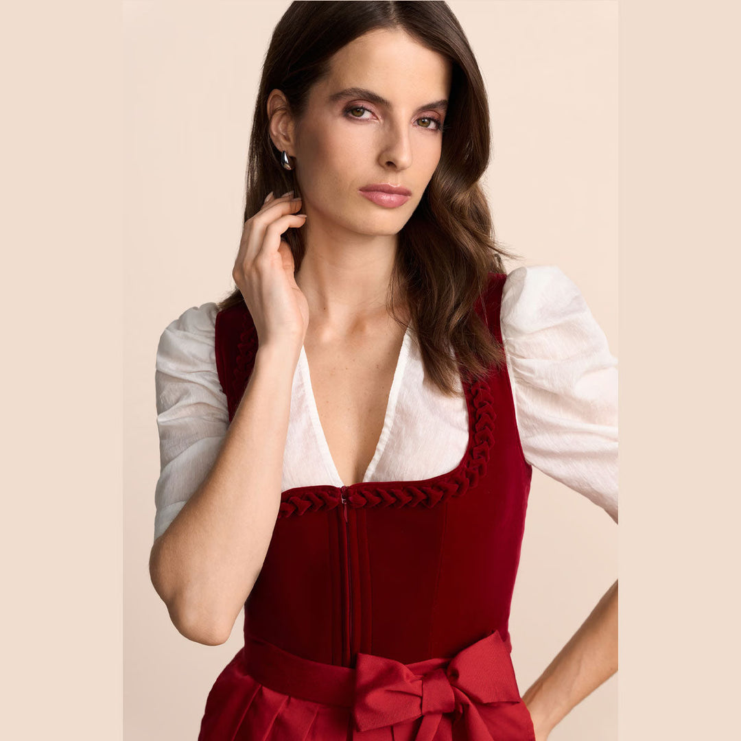 Damen Dirndl Rot | Midi Samtdirndl mit Froschgoscherl-Borte, Frontreißverschluss und 70 cm Rocklänge