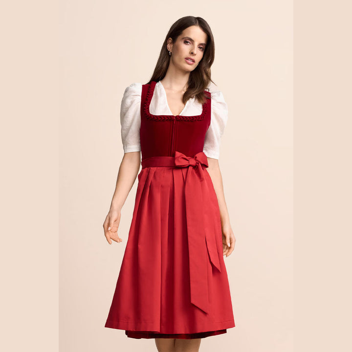 Damen Dirndl Rot | Midi Samtdirndl mit Froschgoscherl-Borte, Frontreißverschluss und 70 cm Rocklänge