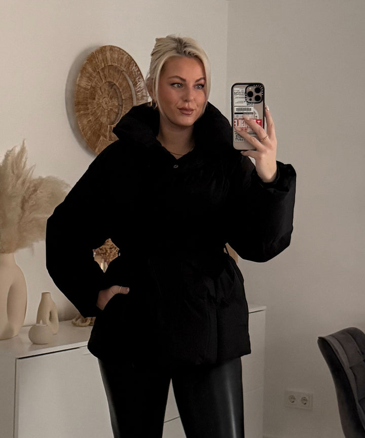 Damen Winterjacke | Kurze Steppjacke mit Gürtel &amp; warmem Futter