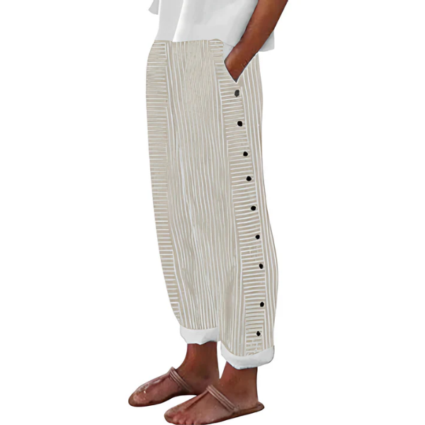 Pantaloni da donna a righe in stile francese | leggeri e traspiranti con tasche laterali | valorizzano la figura e versatili per l’estate