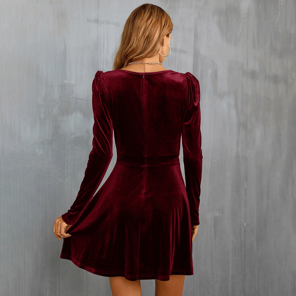 Damen Samtkleid | Elegantes Glockenkleid mit V-Ausschnitt, schwingendem Rock und femininer Silhouette für festliche Anlässe