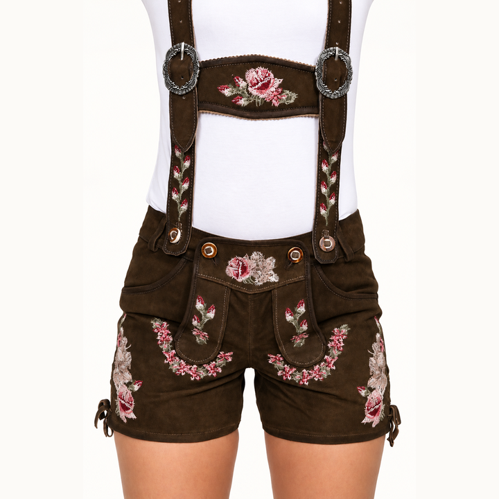 Damen Lederhose | Kurze Trachtenhose mit Blumenstickerei, Hosenträgern und seitlicher Schnürung