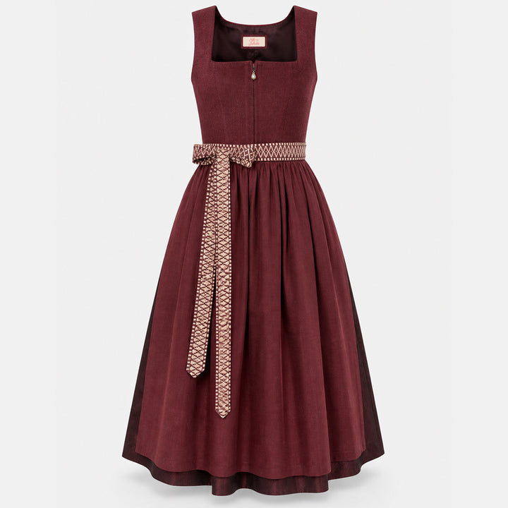 Damen Dirndl | Midi Trachtenkleid mit Perlen-Reißverschluss, gemusterter Schürze und 70 cm Rocklänge