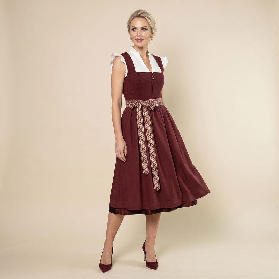 Damen Dirndl | Midi Trachtenkleid mit Perlen-Reißverschluss, gemusterter Schürze und 70 cm Rocklänge