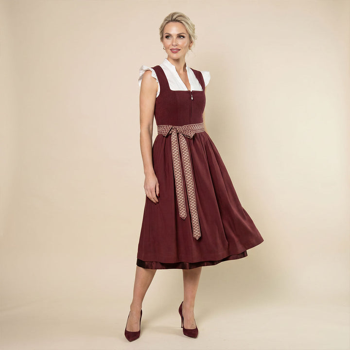 Damen Dirndl | Midi Trachtenkleid mit Perlen-Reißverschluss, gemusterter Schürze und 70 cm Rocklänge