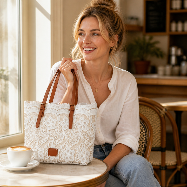 Damen Schultertasche mit Blumenmuster-Spitze | Geräumige Tote Bag mit verstellbaren Trägern &amp; Magnetverschluss