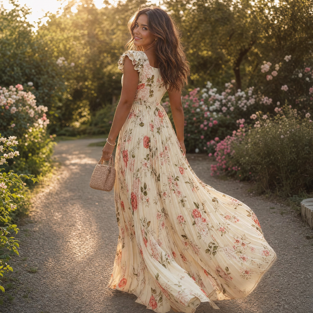 Damen Maxikleid floral plissiert | Quadratischer Ausschnitt &amp; Rüschenärmel | Hohe Taille für schmeichelnde Silhouette