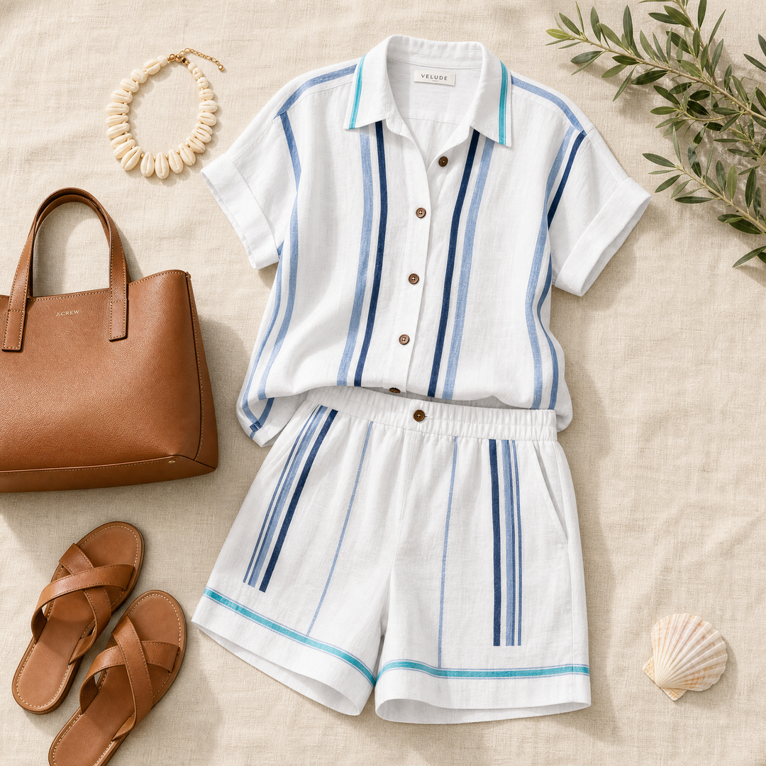 Damen 2-teiliges Streifen-Set | Luftiges Hemd mit Knopfleiste + Shorts mit Gummibund &amp; Taschen | Sommer, Urlaub, Strand