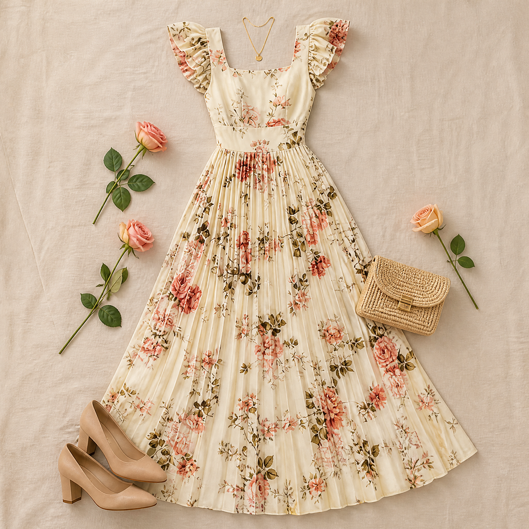 Damen Maxikleid floral plissiert | Quadratischer Ausschnitt &amp; Rüschenärmel | Hohe Taille für schmeichelnde Silhouette