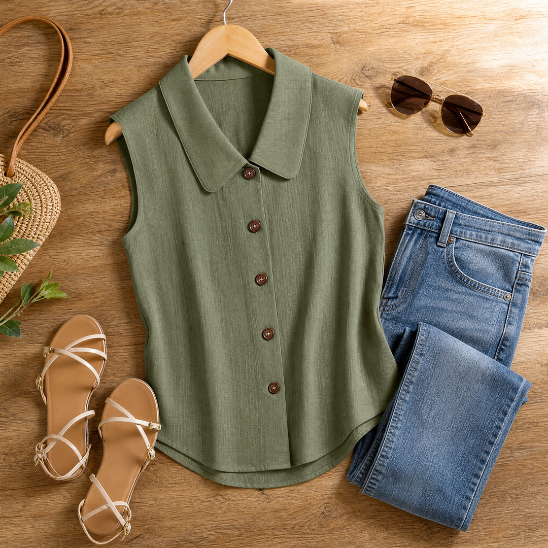 Damen Sommertop | Ärmellose Bluse mit V-Ausschnitt, Kragen, Knopfleiste und lockerem Schnitt für warme Tage