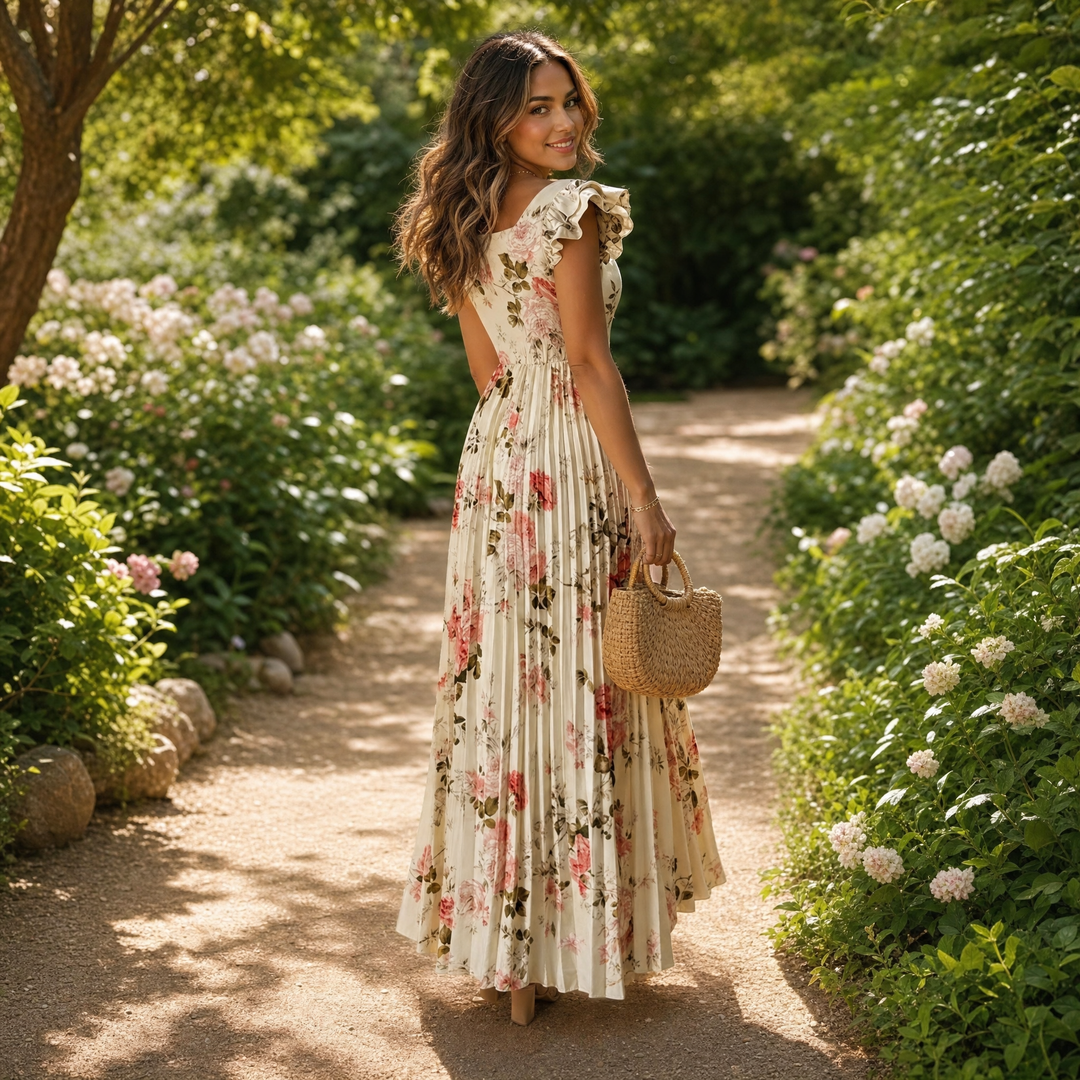 Damen Maxikleid floral plissiert | Quadratischer Ausschnitt &amp; Rüschenärmel | Hohe Taille für schmeichelnde Silhouette