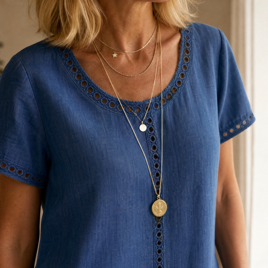 Abito midi da donna in lino con ricamo a occhiello | Linea A, leggero e morbido | 70% cotone, 30% lino, abito estivo