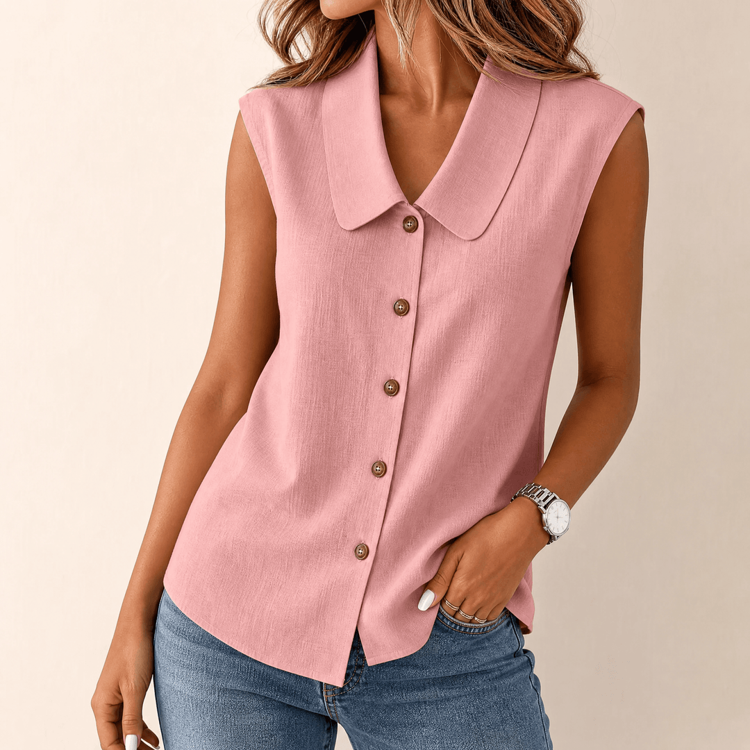 Damen Sommertop | Ärmellose Bluse mit V-Ausschnitt, Kragen, Knopfleiste und lockerem Schnitt für warme Tage