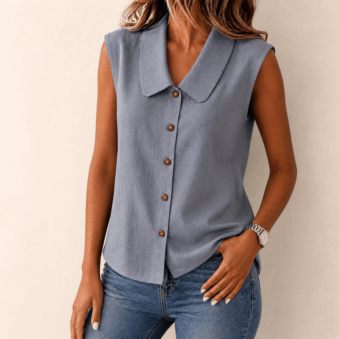 Damen Sommertop | Ärmellose Bluse mit V-Ausschnitt, Kragen, Knopfleiste und lockerem Schnitt für warme Tage