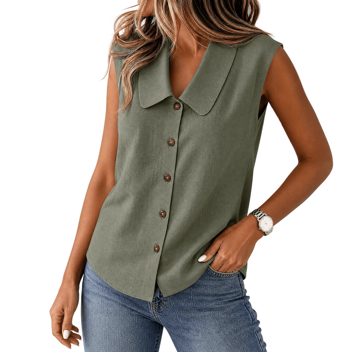 Damen Sommertop | Ärmellose Bluse mit V-Ausschnitt, Kragen, Knopfleiste und lockerem Schnitt für warme Tage