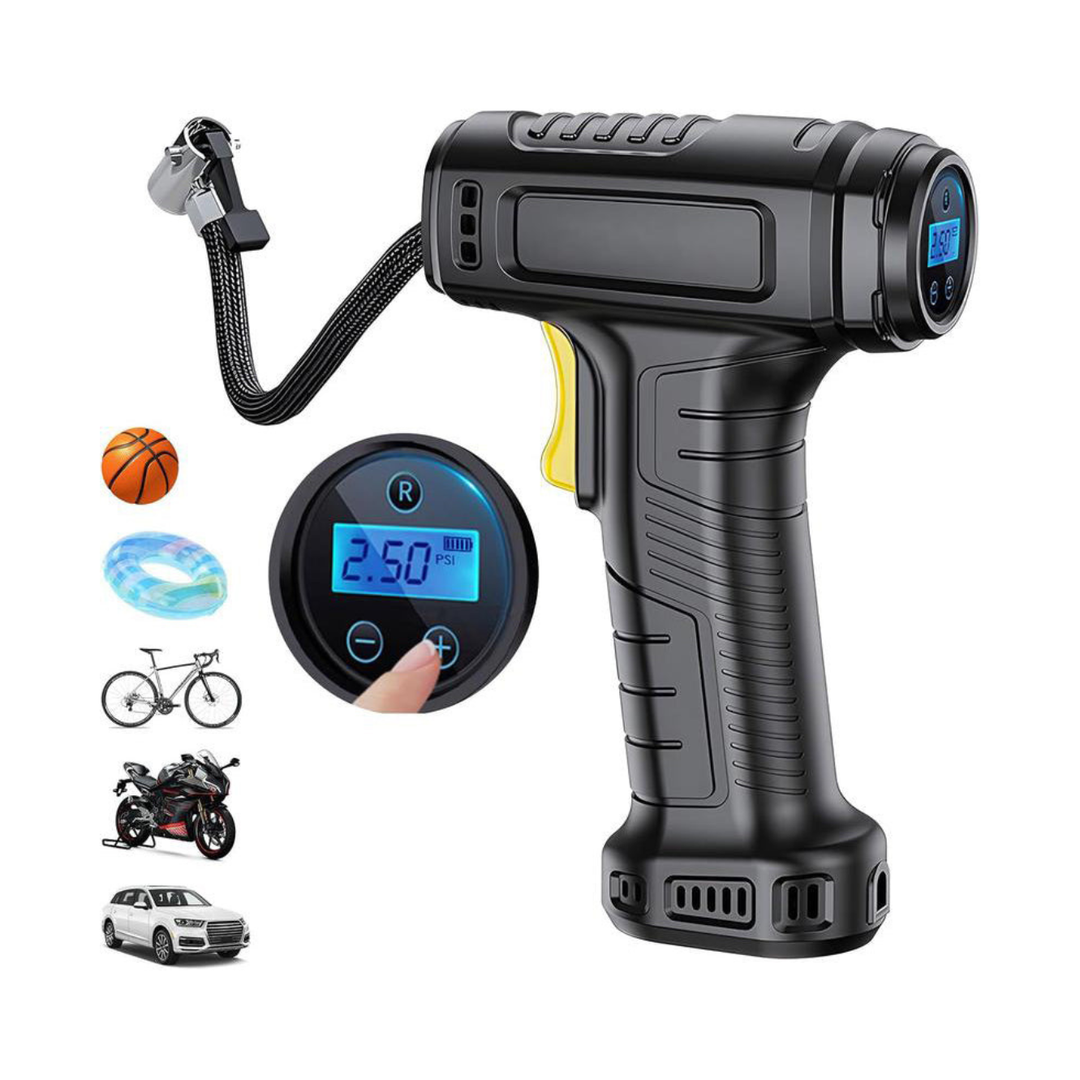 Tragbarer Luftkompressor kabellos mit Digitalanzeige | Auto-Stopp &amp; Druck-Voreinstellung | 35 L/min, LED-Licht | Für Auto, Bike &amp; Ball