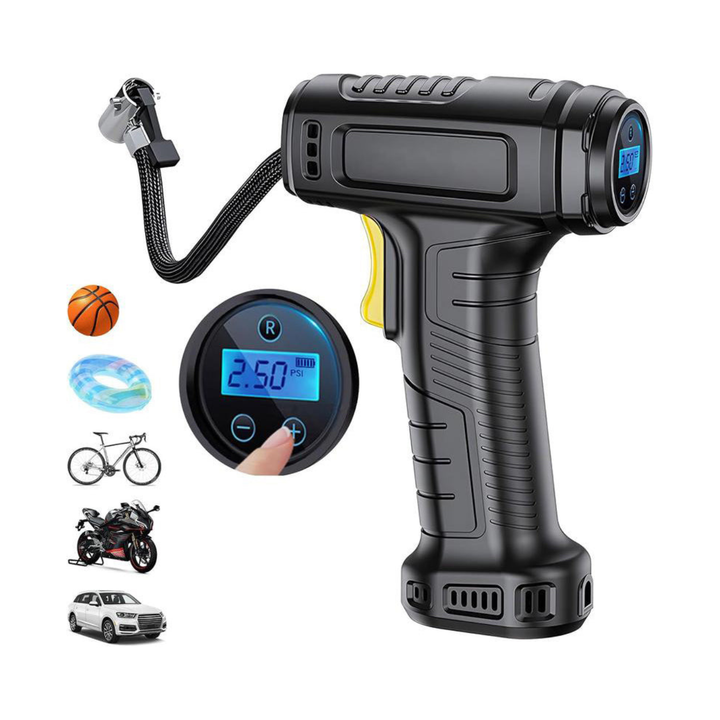 Tragbarer Luftkompressor kabellos mit Digitalanzeige | Auto-Stopp &amp; Druck-Voreinstellung | 35 L/min, LED-Licht | Für Auto, Bike &amp; Ball