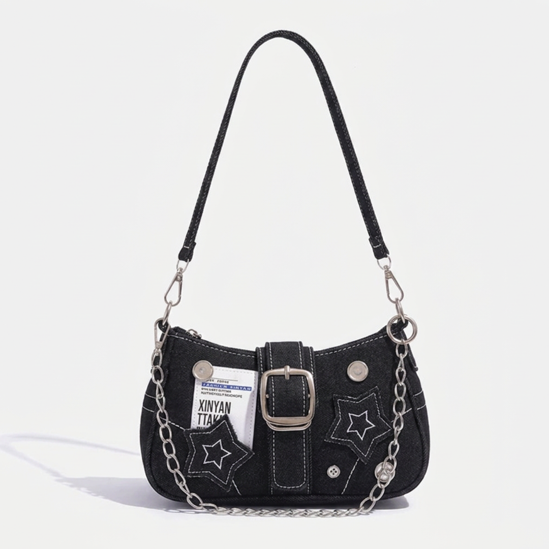 Damen Denim-Unterarmtasche mit Sternstickerei | Schwarze Schultertasche mit Kettenriemen | Streetstyle-Bag