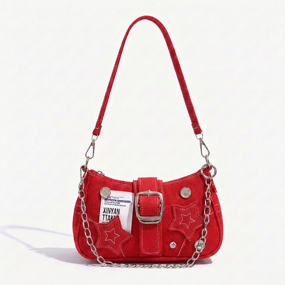 Damen Denim-Unterarmtasche mit Sternstickerei | Schwarze Schultertasche mit Kettenriemen | Streetstyle-Bag