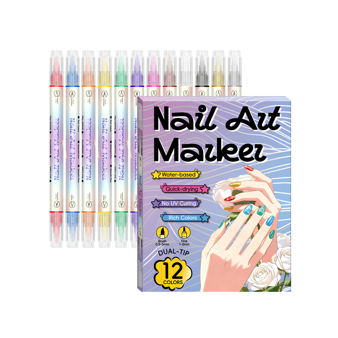 Nail art pen set with 2 tips | Fast drying, water-based | 12 or 24 colors | Without UV lamp | Optional with nail oil