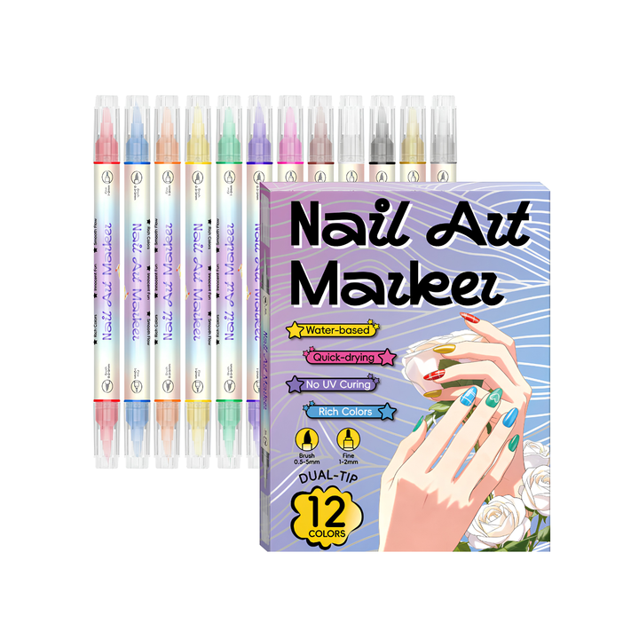 Nail art pen set with 2 tips | Fast drying, water-based | 12 or 24 colors | Without UV lamp | Optional with nail oil