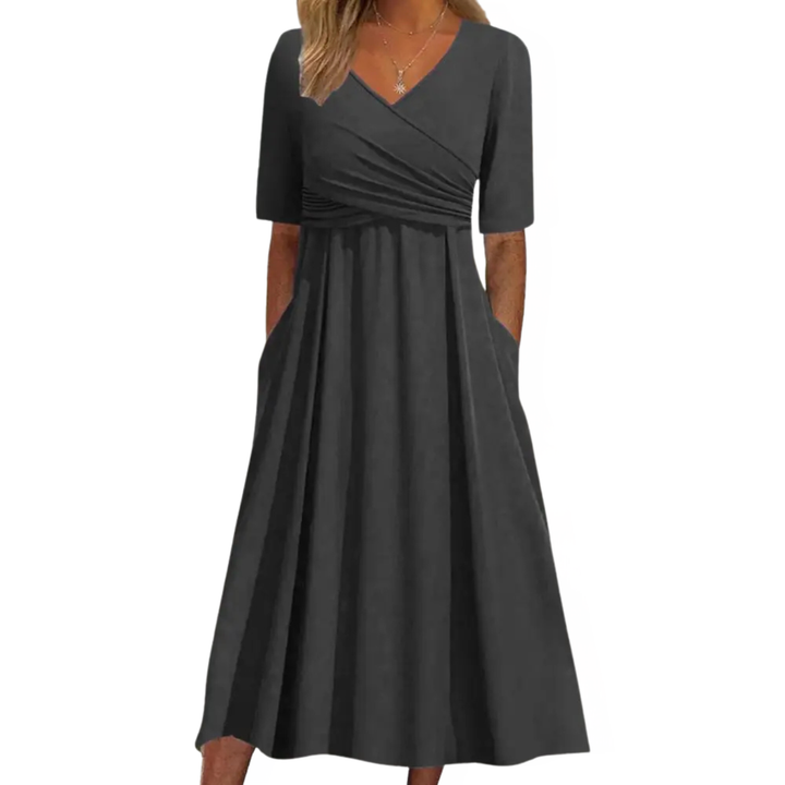 Elegantes Midikleid mit V-Ausschnitt &amp; Falten | Luftiges Damenkleid mit Taschen | Vielseitiges Kleid für Alltag &amp; besondere Anlässe