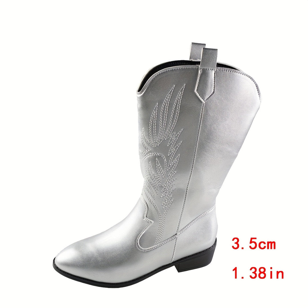 Damen Cowboystiefel für breite Waden | Silberne Westernboots mit weitem Schaft, niedrigem Blockabsatz und Western-Stickerei