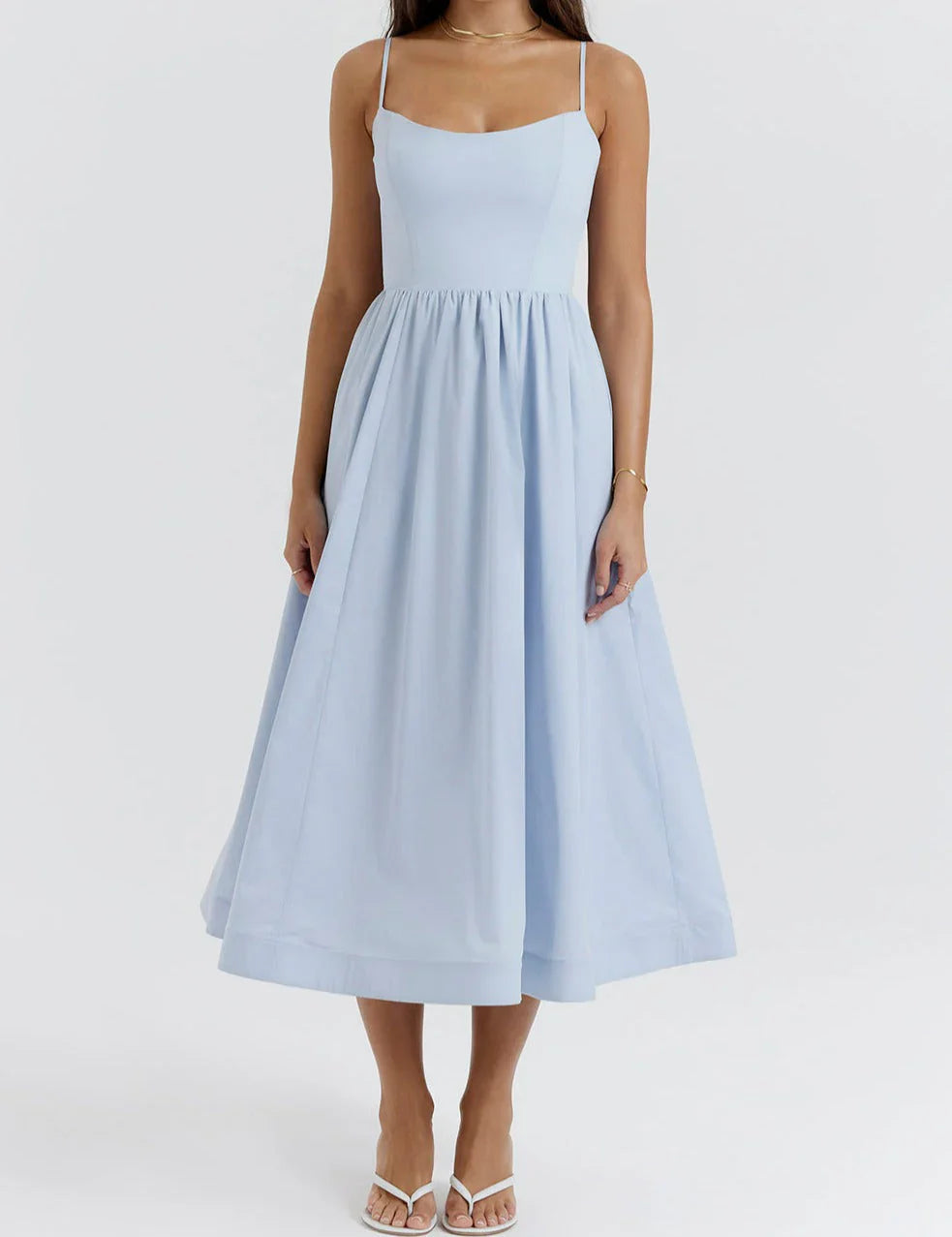 Robe midi élégante en mélange de lin | Corsage cintré &amp; jupe fluide | Bretelles réglables avec poches latérales