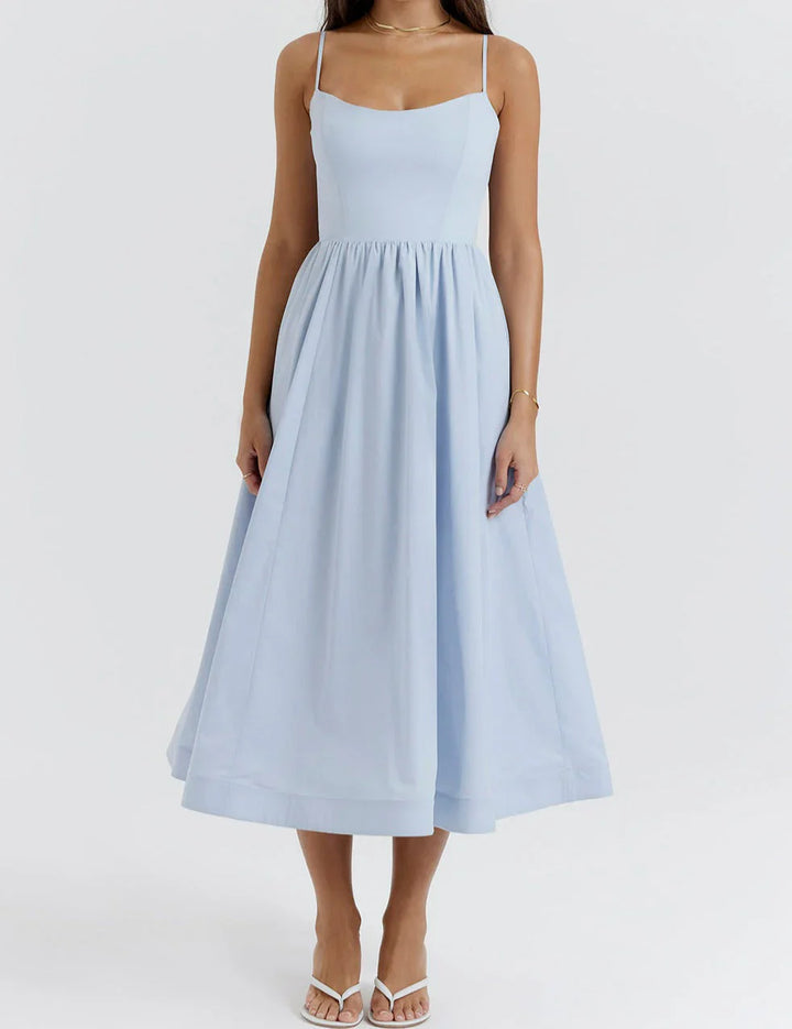 Robe midi élégante en mélange de lin | Corsage cintré &amp; jupe fluide | Bretelles réglables avec poches latérales