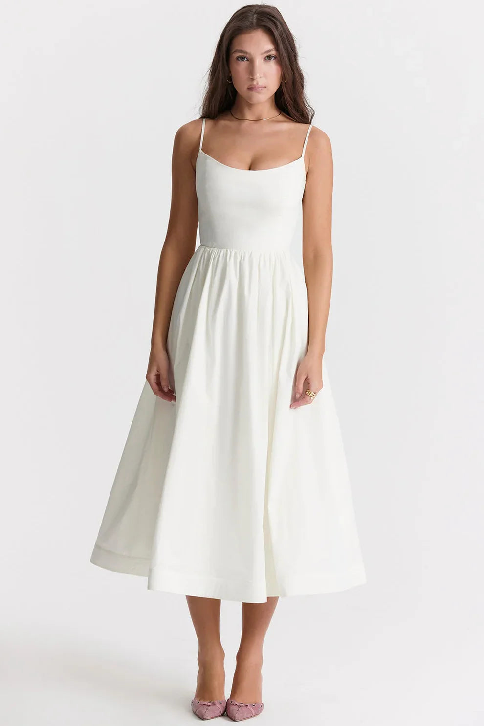 Robe midi élégante en mélange de lin | Corsage cintré &amp; jupe fluide | Bretelles réglables avec poches latérales