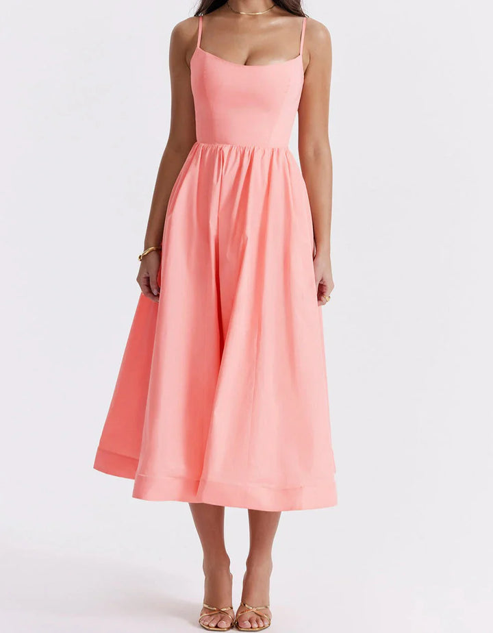 Robe midi élégante en mélange de lin | Corsage cintré &amp; jupe fluide | Bretelles réglables avec poches latérales