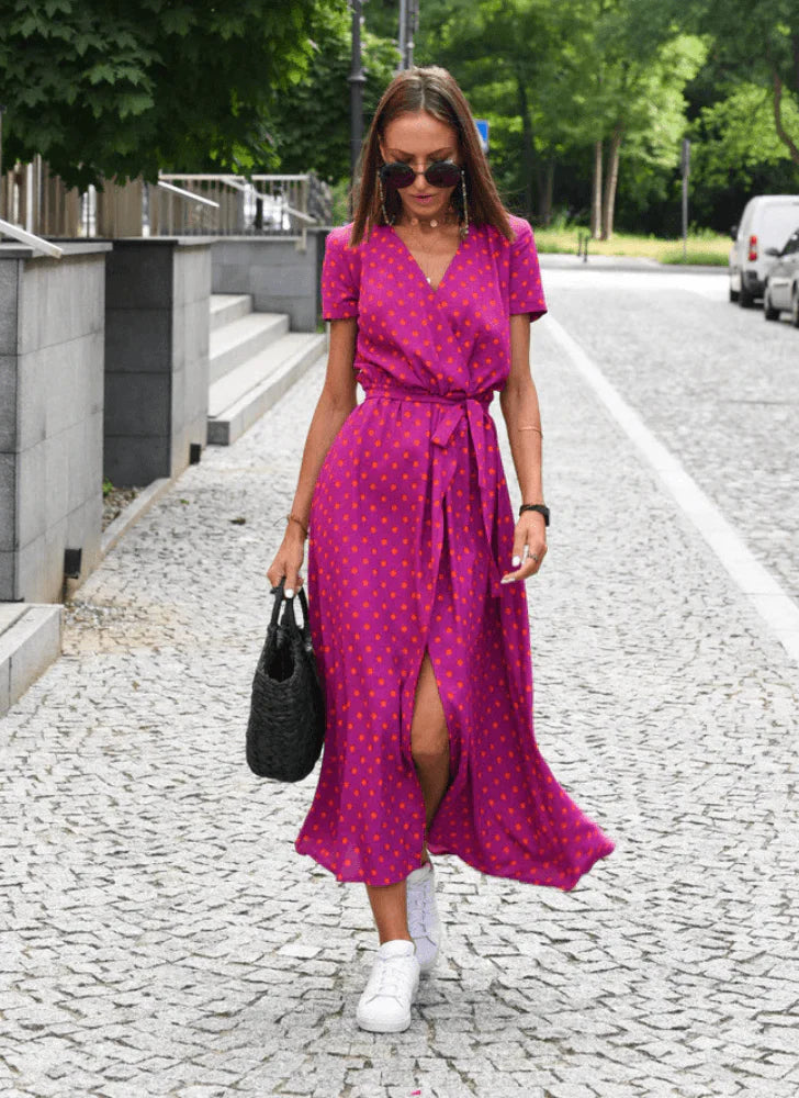 Damen Wickelkleid mit Blumenmuster | Luftiges Sommerkleid mit V-Ausschnitt | Verstellbare Taille &amp; Fließende Passform
