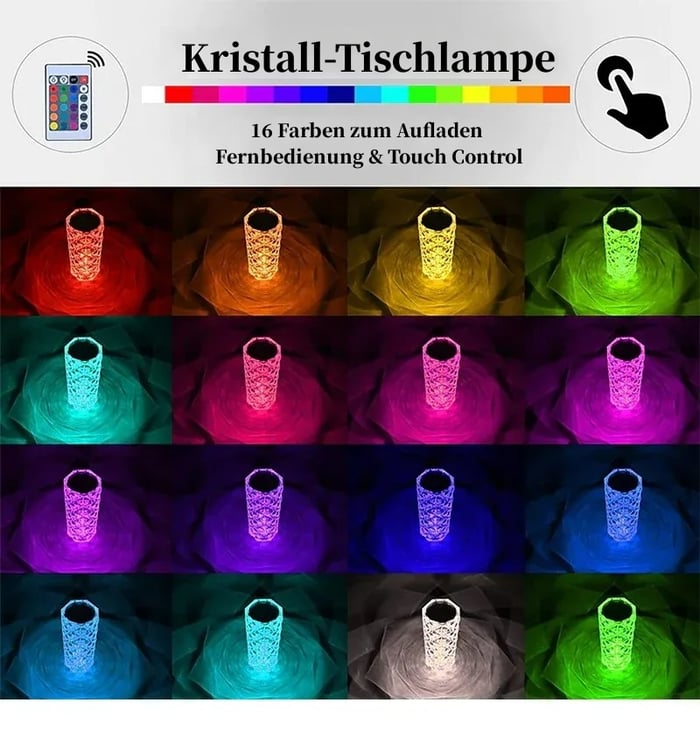 Crystal table lamp 3D diamond effect | 16 RGB colors with remote control | Touch dimmable | USB + wireless for ambient light