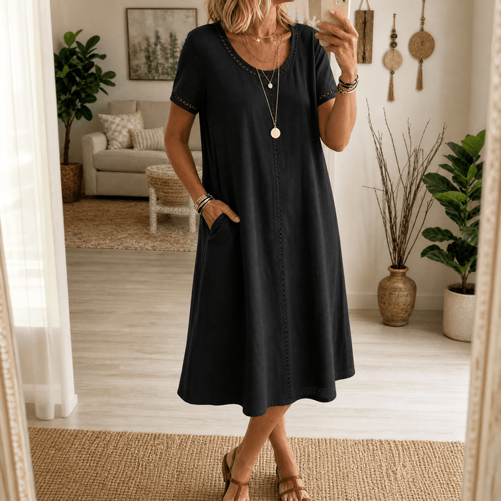 Abito midi da donna in lino con ricamo a occhiello | Linea A, leggero e morbido | 70% cotone, 30% lino, abito estivo