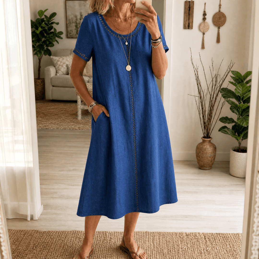 Abito midi da donna in lino con ricamo a occhiello | Linea A, leggero e morbido | 70% cotone, 30% lino, abito estivo
