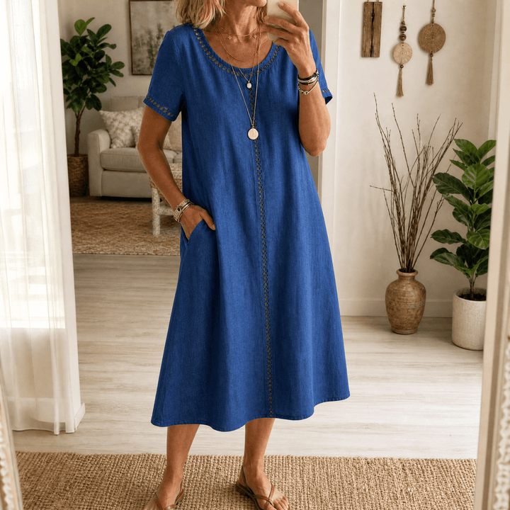 Abito midi da donna in lino con ricamo a occhiello | Linea A, leggero e morbido | 70% cotone, 30% lino, abito estivo