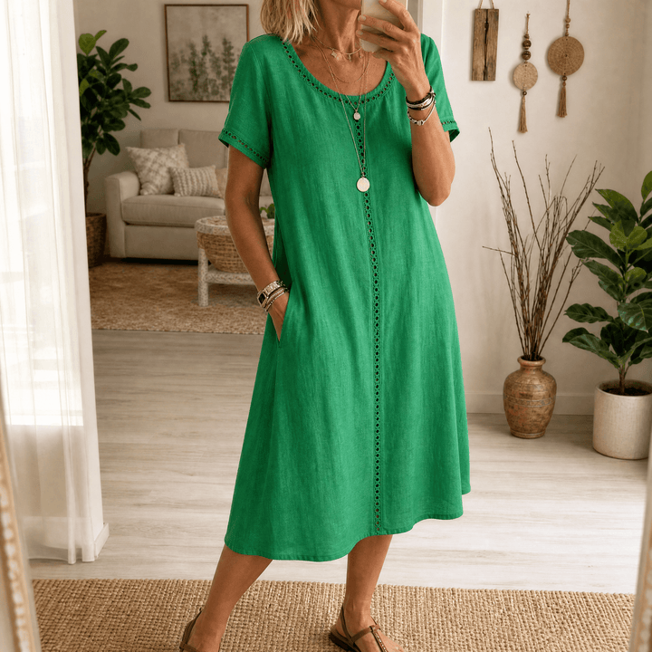 Abito midi da donna in lino con ricamo a occhiello | Linea A, leggero e morbido | 70% cotone, 30% lino, abito estivo
