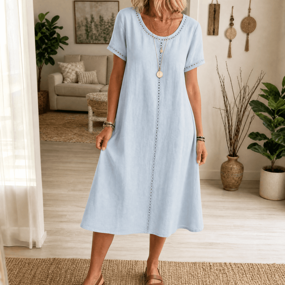 Abito midi da donna in lino con ricamo a occhiello | Linea A, leggero e morbido | 70% cotone, 30% lino, abito estivo